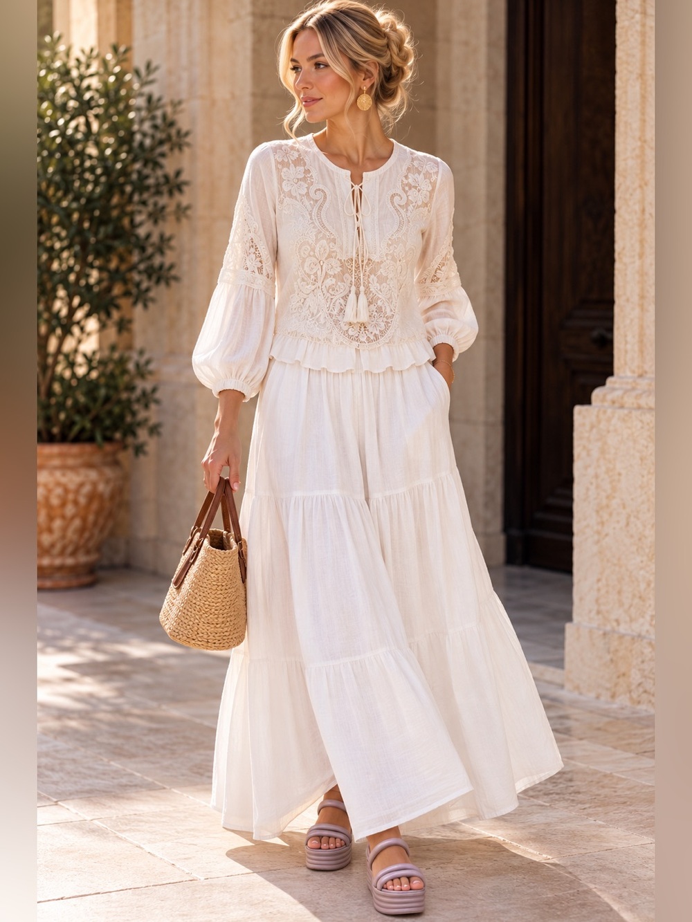 Zara White Embroidered Lace-Up Peasant Blouse